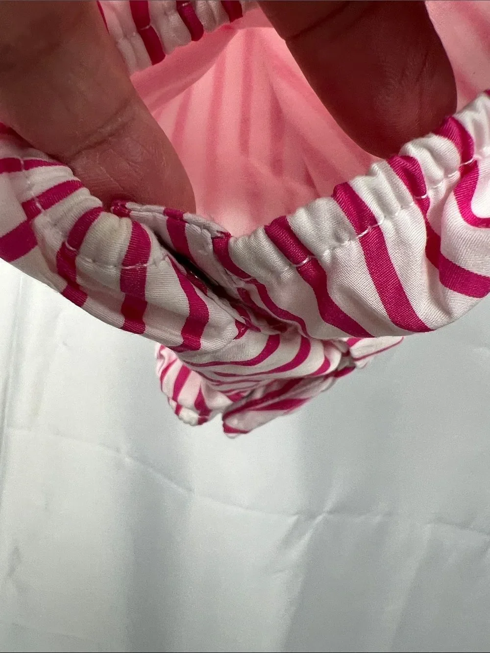 Ralph Lauren Fuchsia pink and white stripe cotton bubble romper floral trim 3 m